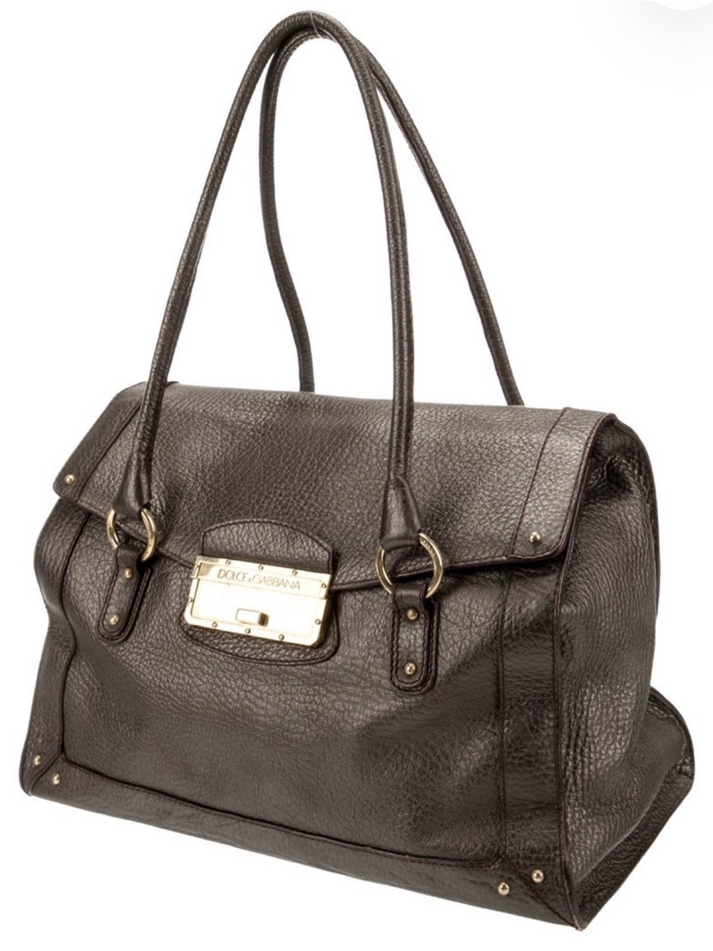 Dolce & Gabbana Dark Brown Pebbled Leather Shoulder Bag with Gold Hardware